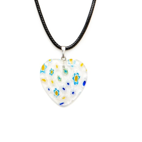 Millefiori Glass Clear Heart Shape with Blue Yellow & Green Flowers Necklace - Picture 7 of 8